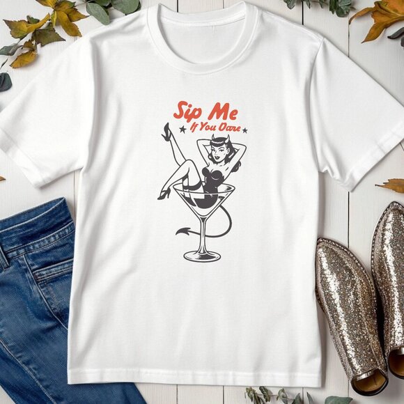 Funny Halloween Graphic Tee Goth Whimsigoth Style Martini Glass Ghoul Spooky Top - Picture 2 of 4